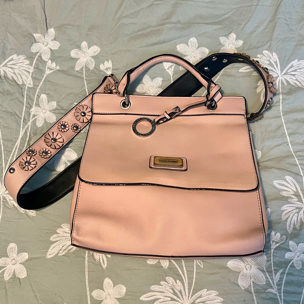 Catherine Malandrino Pink Pleather Bag – Floral Strap & Charm, Top Handle